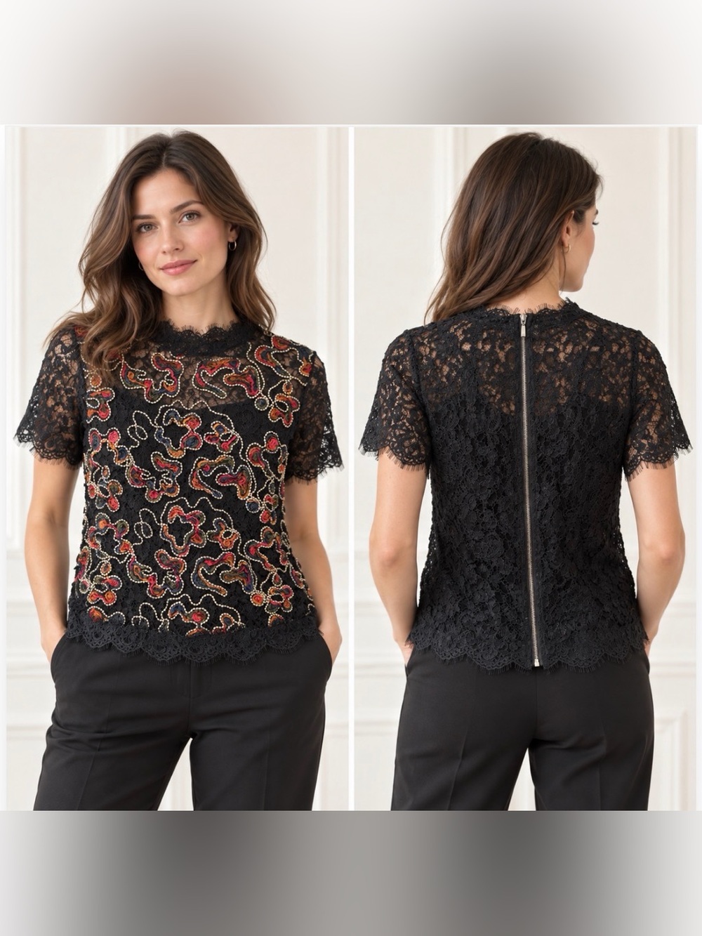 Zara Trafaluc Black Lace Embroidered Short Sleeve Top Size L